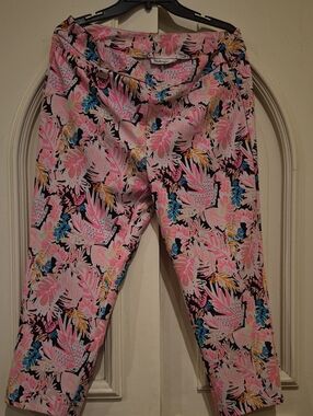 Patchington Pink Tropical Print Capris with Blue & Yellow Accents